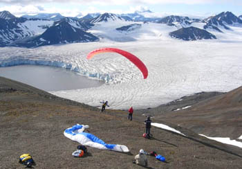 Paragliding: taking of on Nansen Breen Icefield